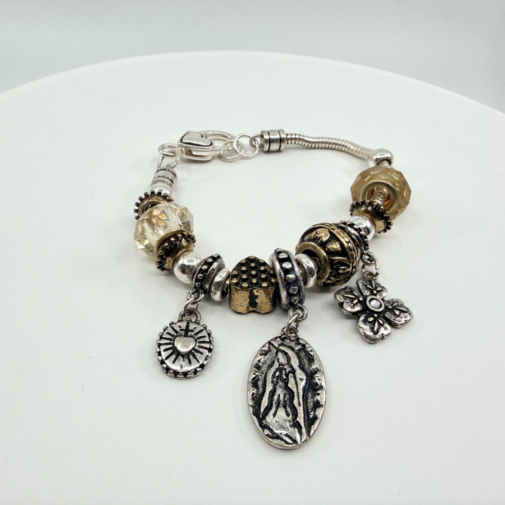 Vintage Religious Charm Bracelet Madonna Heart Crystal Beads Mixed Metal